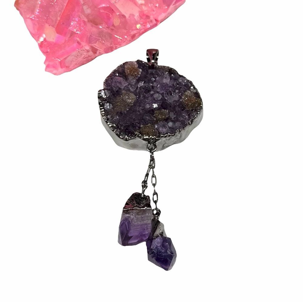 Amethyst Druzy Necklace Pendant Gunmetal Gray Crystal Stone Raw Rough